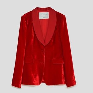 Zara Red Velvet Blazer with Satin Shawl Collar